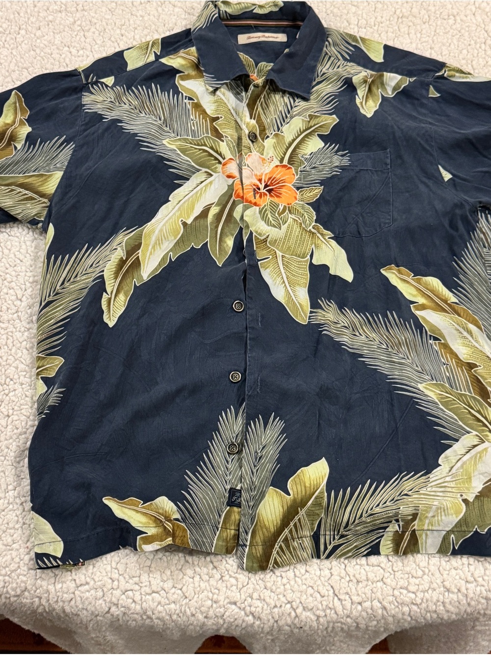 Tommy Bahama Navy Hawaiian Floral Button-Down Shirt with Green & Orange Accents
